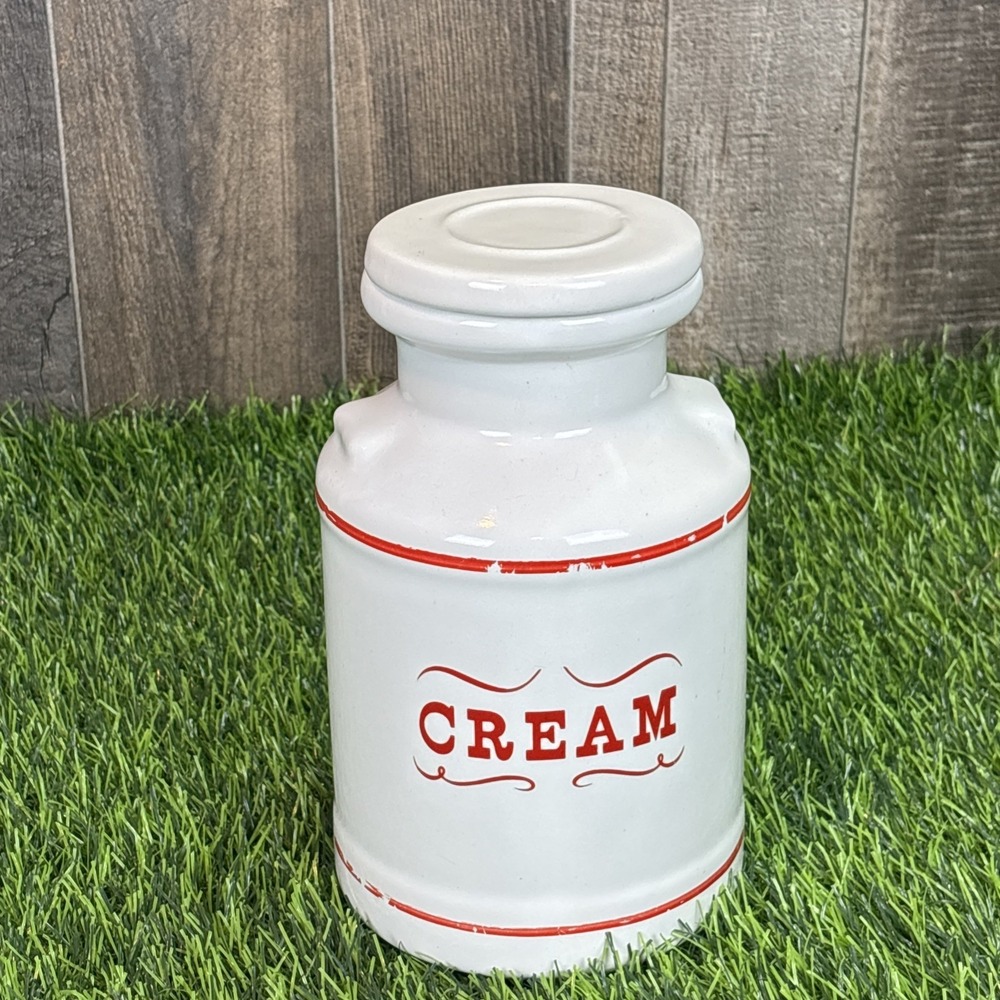 Vintage Cream Canister‎ Jar Lid White Red Farmhouse Kitchen Cottage Decor